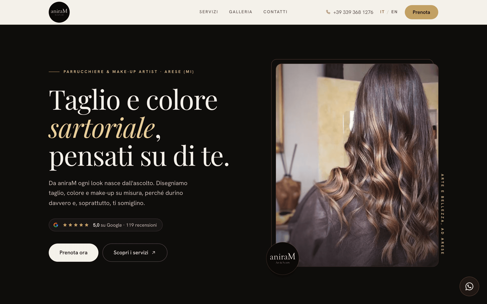 Home page del sito aniraM, salone parrucchiere e make-up di Arese: headline "Taglio e colore sartoriale" su fondo scuro con foto editoriale di una chioma.